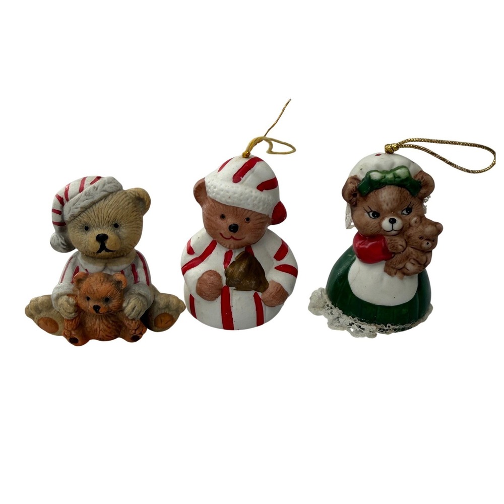 Giftco Vintage Christmas Bear Bell Ornaments Figurine Ceramic 1988 Set of 3 Red